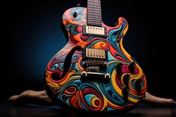Colorful electric guitar on a dark background. Close-up. - obrazy, fototapety, plakaty