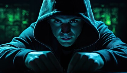 A man wearing a hoodie is looking directly at the camera, with his face partially hidden. The hood casts a shadow over his features, creating a mysterious and intense gaze