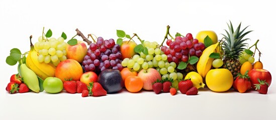 A variety of unblemished and pristine fruits, including apples, oranges, bananas, and grapes, are displayed against a clean white background. The fruits are arranged in a colorful and appetizing
