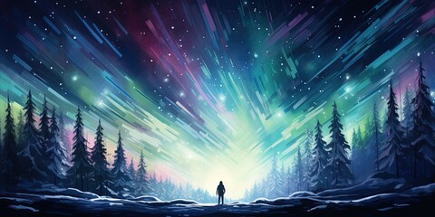 Singular figure stands before a stunning display of the aurora borealis in a snowy forest