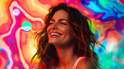 A portrait of a beautiful smiling woman with glowing skin, in front of colorful abstract background. 