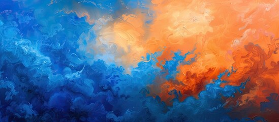 Fototapeta na wymiar This abstract painting showcases a vivid blend of blue and orange clouds, creating a striking contrast in the sky. The vibrant blue hues intertwine with the lively orange tones, forming a mesmerizing