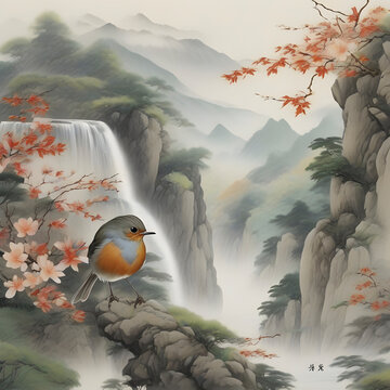 Robin bird and mountain, Japanese painting of mountain, forest, waterfall, and Robin bird.