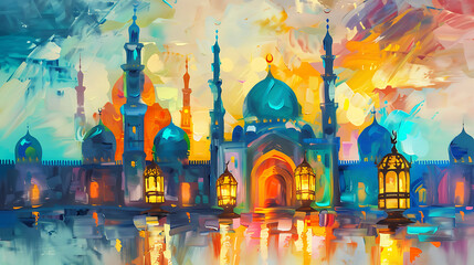 Abstract oil painting hand painting of mosque, Ramadan Kareem