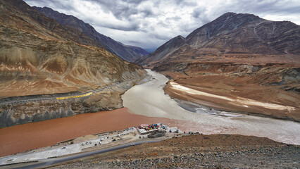 Confluence of Indus and Zanskar Rivers in Ladakh known as Sangam