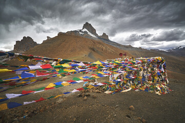 Tibetan prayer flags at the Sirsir La pass in Ladakh