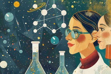 two women scientists against the background of formulas and test tubes. process of study and research. - obrazy, fototapety, plakaty