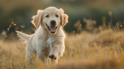 Exuberant Golden Retriever Puppy Enjoying a Sunny Meadow Run - Generative AI