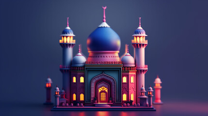 Fototapeta na wymiar 3d islamic mosque, in adorable toy sculptures style. Islamic background.