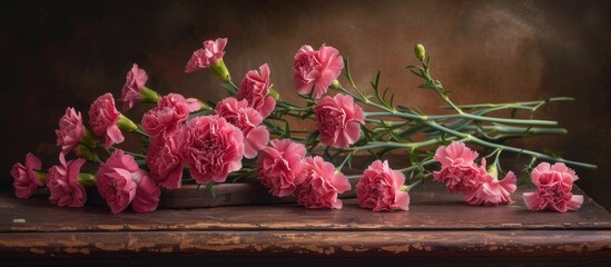 A vibrant bunch of pink carnations elegantly displayed on top of a rustic wooden table. The flowers stand out against the natural wood background, creating a beautiful and simple floral arrangement.