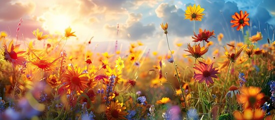 A field filled with vibrant wildflowers stretches as far as the eye can see, basking in the warm glow of summer sunlight under a cloudy sky. The colorful blooms create a beautiful contrast against the