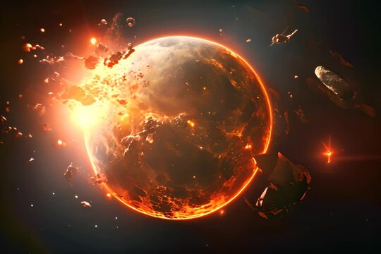A dramatic illustration of planetary transformation, capturing a moment of explosive change as fragments and fire encompass a celestial body on the brink of rebirth or destruction