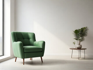 The interior has a green armchair on empty white wall background, green sofa, 3D rendering. generative ai