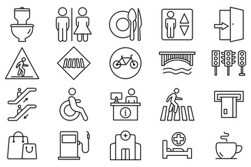public navigation icon set. toilet, food court, elevator, information desk, atm, etc. line icon style. navigation vector illustration