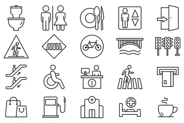 Fotobehang public navigation icon set. toilet, food court, elevator, information desk, atm, etc. line icon style. navigation vector illustration © sobahus surur