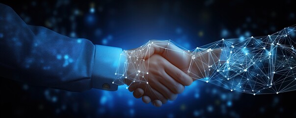 Abstract image of Business handshake in glowing blue. Low polygon, particle, and triangle style design.Wireframe light connection structure or points