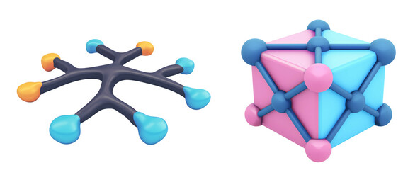 Abstractly depict interconnected nodes to represent a neural network icon, in a 3D render, isolated on transparent background