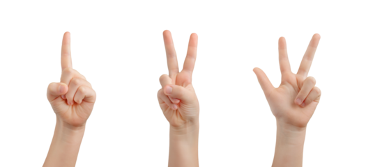 Transparent kid's hands. Representing counts from one to three with outstretched fingers, encouraging numeracy and communication skills