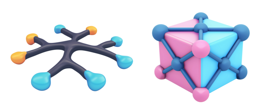 Abstractly depict interconnected nodes to represent a neural network icon, in a 3D render, isolated on transparent background