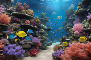 Naklejka na ściany i meble Underwater coral reef landscape with colorful fish. The concept of Earth Day.