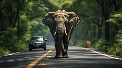Obraz premium A elephant crosses an asphalt road in the green forest with a blurred car in the background, highlighting the delicate interaction between wildlife and human infrastructure