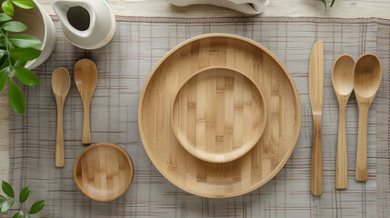 A table with wooden or bamboo bowls, plates, and spoons