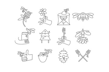 Vector design templates badges. Organic and eco honey labels and tags with bees. Linear style