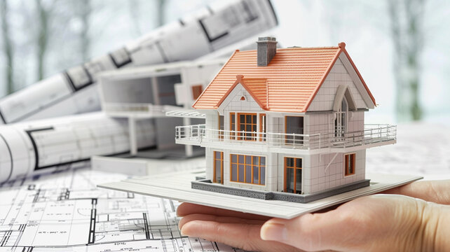 A house model on hand with architectural blueprint background