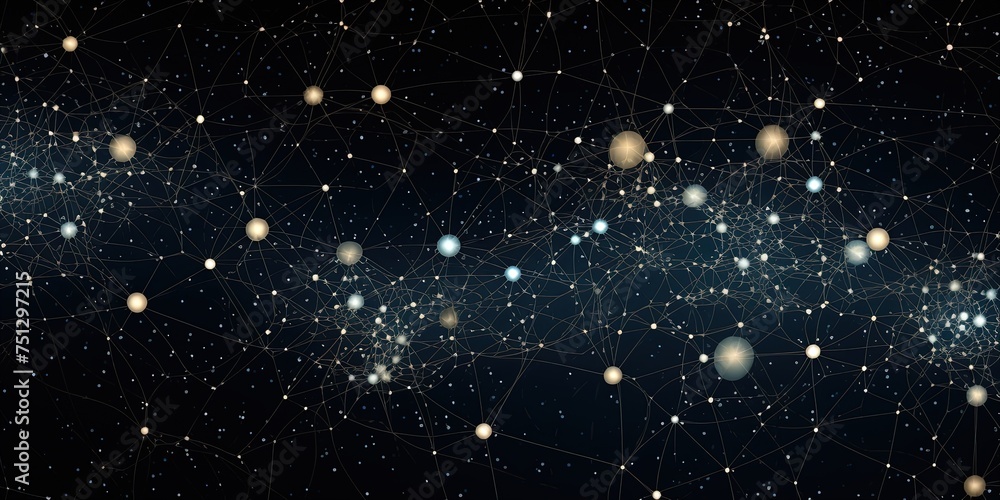 Poster very fine and intricate network represented by line and dots, over a space like a galaxy.