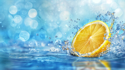 Lemon slices in water on blurred blue background