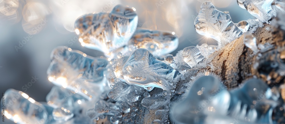 Poster a detailed view of numerous intricate ice crystals clustered on a tree branch, showcasing their uniq