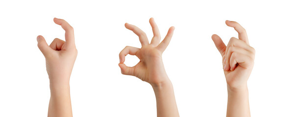 Transparent holding hands with two finger and good, perfect hand gestures on white background