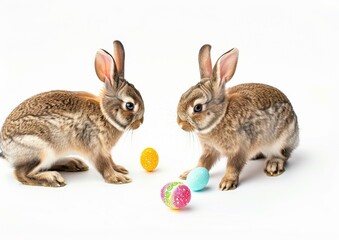 Obraz premium Bunnies counting easter eggs, isolated on white background