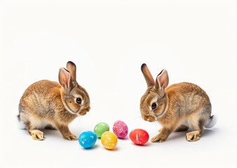 Fototapeta premium Bunnies counting easter eggs, isolated on white background