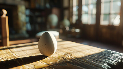 An egg on brown table with backlight setup - obrazy, fototapety, plakaty
