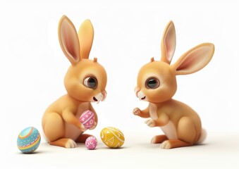Obraz premium Bunnies counting easter eggs, isolated on white background