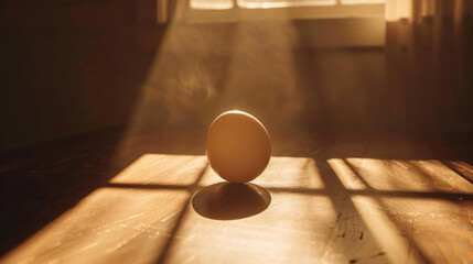 An egg on brown table with backlight setup - obrazy, fototapety, plakaty