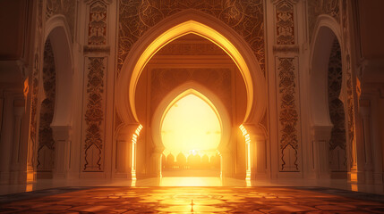 Islamic style door building. Room background in Arabic style.