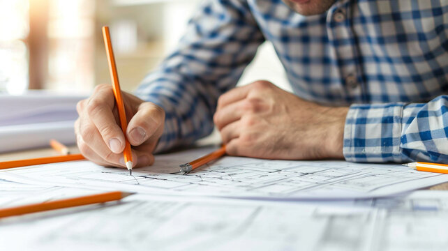 Close-up of an architect sketching a construction project in office