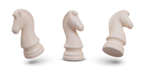 Set of white chess knights, horses. Realistic vector elements in different position © ArtHub007