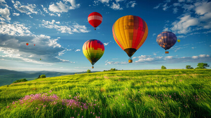 Obraz premium Colorful hot air balloons flying over green field