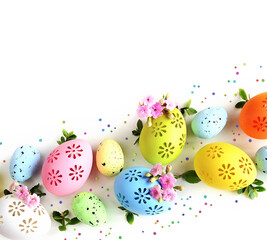 Collection of stylish colors eggs with flowers for Easter celebration on white background. - 751298078