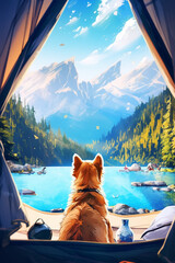 A dog from a tent looks at a beautiful mountain landscape - obrazy, fototapety, plakaty
