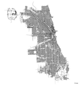 Chicago city map with roads and streets, United States. Vector outline illustration.