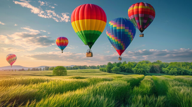 Colorful hot air balloons flying over green field