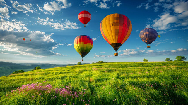 Colorful hot air balloons flying over green field