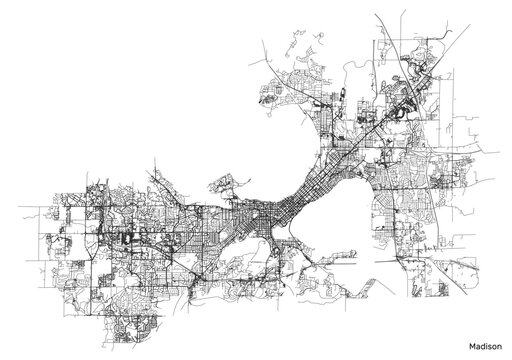 Madison city map with roads and streets, United States. Vector outline illustration.