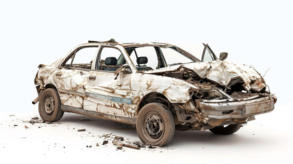 Demolished car isolated on white background