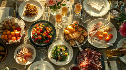 Sunlit brunch table with gourmet dishes and sparkling drinks realism meets cinema elegance