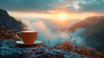 Sunrise coffee on a mountain vista realistic steam and rich colors - obrazy, fototapety, plakaty